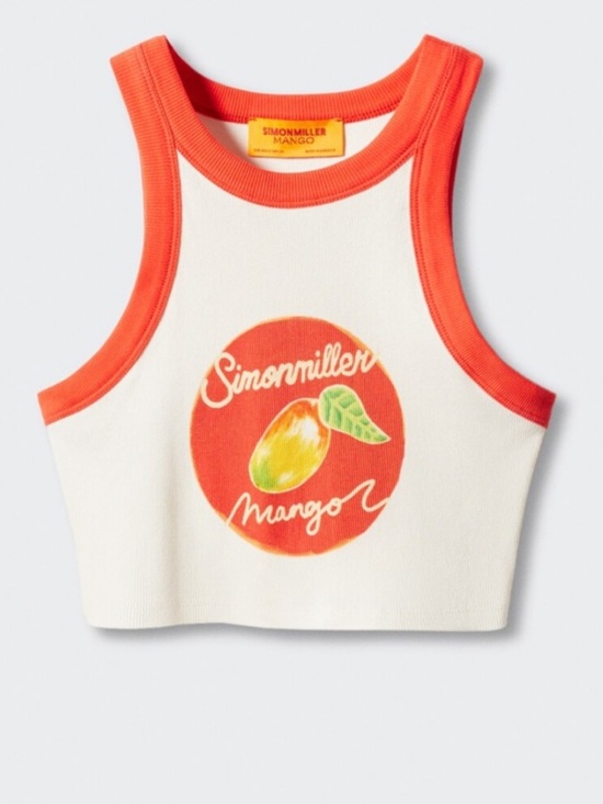 Simon Miller Tops - Simon Miller x Mango Ivory and Orange Graphic Ribbed Crop Tank